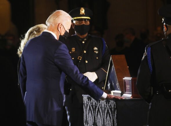 Joe Biden visiting Brian Sicknick's coffin in February 2021