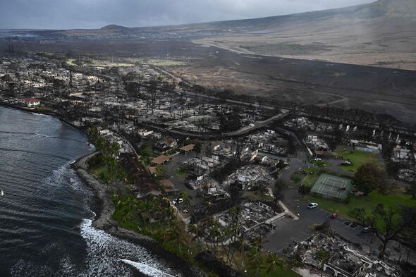 An aerial view shows destruction caused by a wildfire in Lahaina