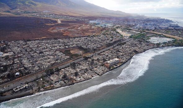 An aerial photo from Lahaina which has been completely devastated by the fires.
