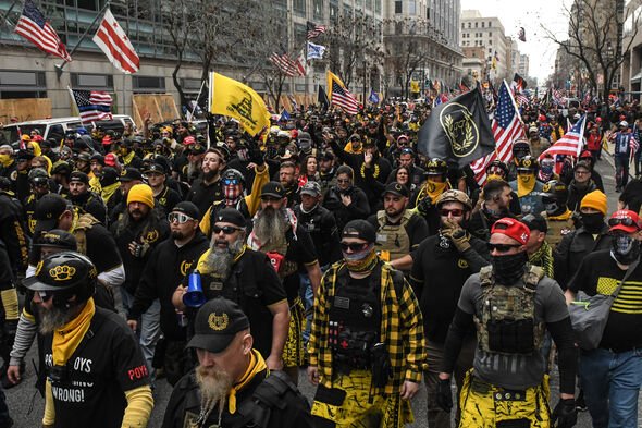Members of the Proud Boys march towards Freedom Plaza in 2020