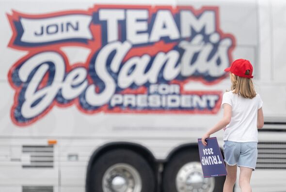 A Ron DeSantis, governor of Florida, campaign bus before former US President Donald Trumps meets wit